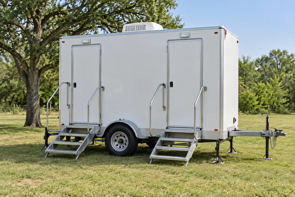 Restroom trailer with visible entry steps